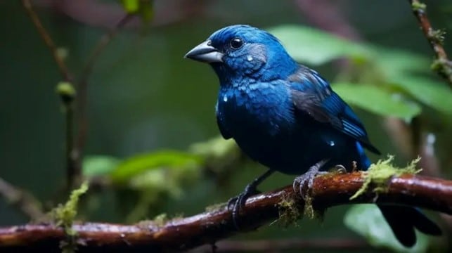 Foto de um Azulão, ave comum em Torneios de Pássaros, empoleirada em um galho de árvore.