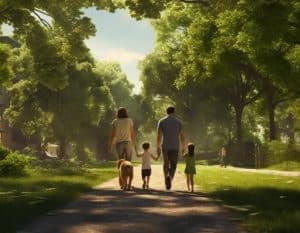 foto de família, um casal e duas crianças, passeando em um parque bem arborizado e iluminado com um cachorro representando o tema animais de estimação para crianças