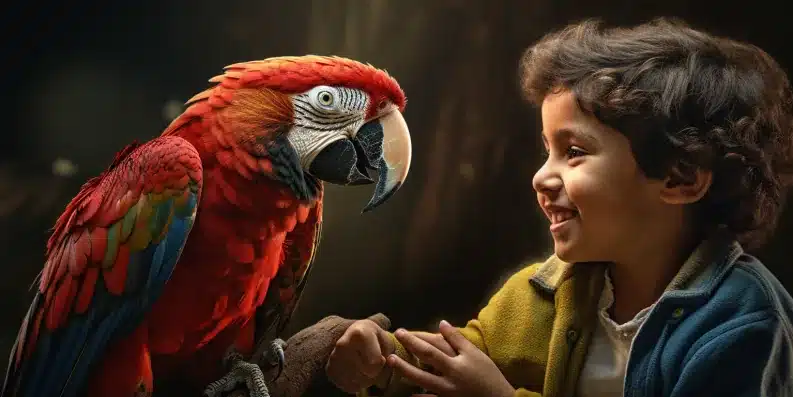 foto de um papagaio vermelho interagindo com um menino representando que é um dos animais de estimação para crianças