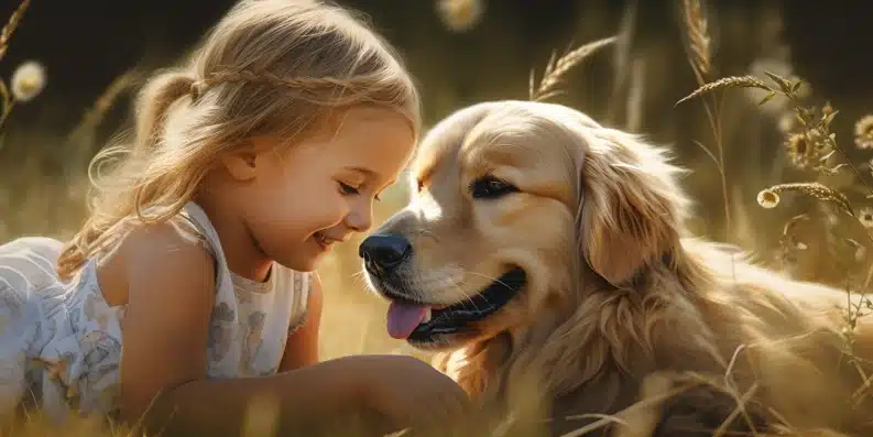 foto de uma menina interagindo com um cachorro da raça  Golden Retriever em um campo sob a luz do sol de meio-dia representando que o cachorro é uma das espécies de animais de estimação para crianças.