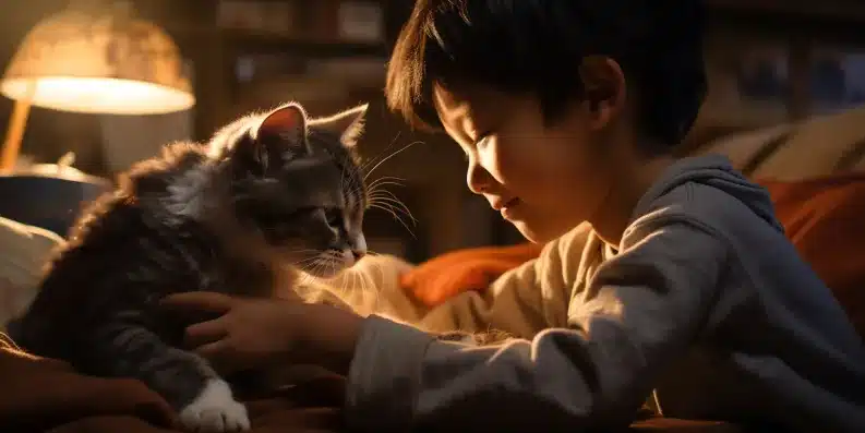Foto de um garotinho asiático brincando com um gato em uma sala de estar iluminada com uma luz amarela representando que gatos são um dos animais de estimação para crianças
