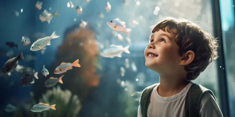 Foto de um menino sorrindo para um aquário cheio de peixes e corais mostrando que eles são um dos animais de estimação para crianças.