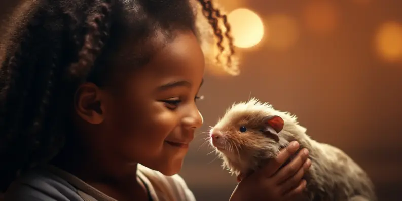 Uma menininha afrodescendente brincando cm um porquinho-da-índia levemente iluminada representando que esse bichinho é um dos animais de estimação para crianças.
