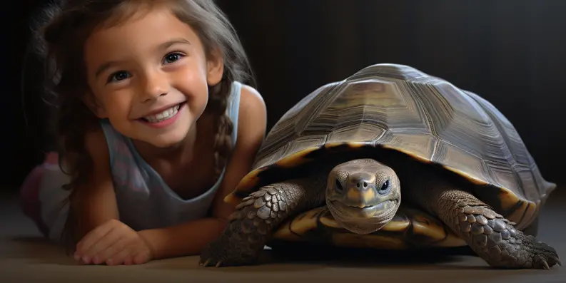 Foto de uma menina sorrindo ao lado de uma tartaruga grande representando que ela também pode ser considerada um animal de estimação para crianças. O fundo é uma parede preta.